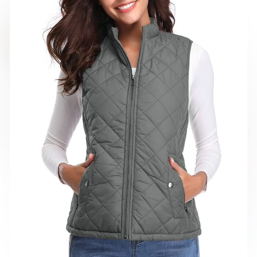 Fuinloth Women’s Quilted Lightweight Gray Zip Pockets Stand Collar Vest, Size L